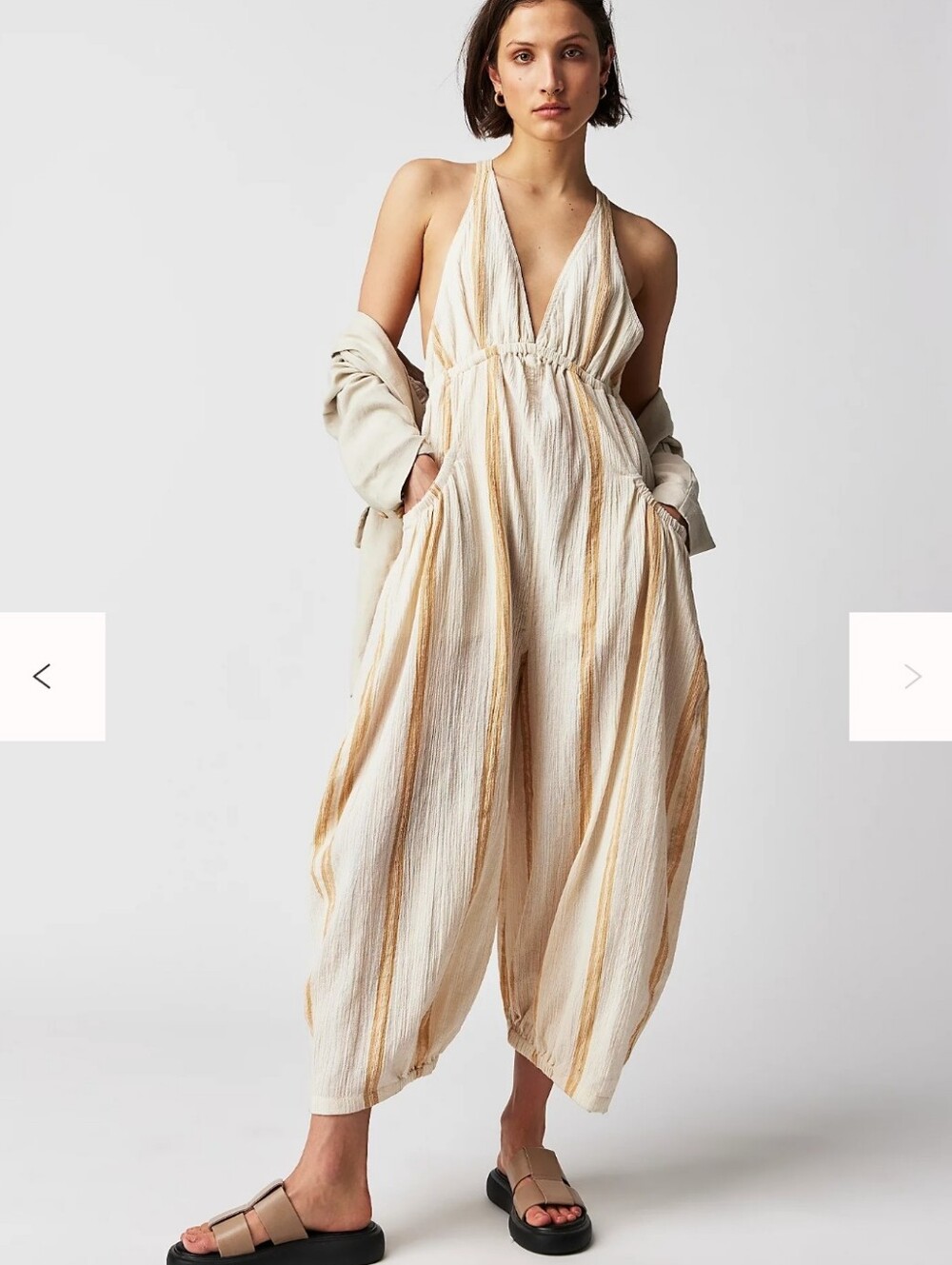 Free People Tan White Stripe Kind Favor Jumpsuit Size XS Cropped Leg W/ Pockets